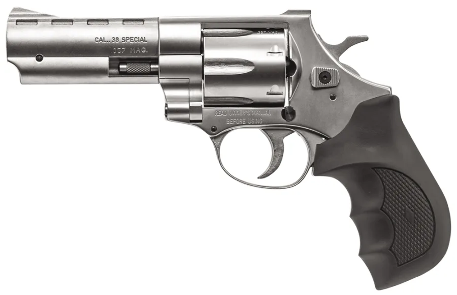 Weihrauch Guns 770128 Windicator  Medium Frame 357 Mag 6 Shot, 4" Nickel Steel Barrel, Nickel Cylinder, Nickel Steel Frame, Black Finger Grooved Rubber Grip, Spurred Hammer