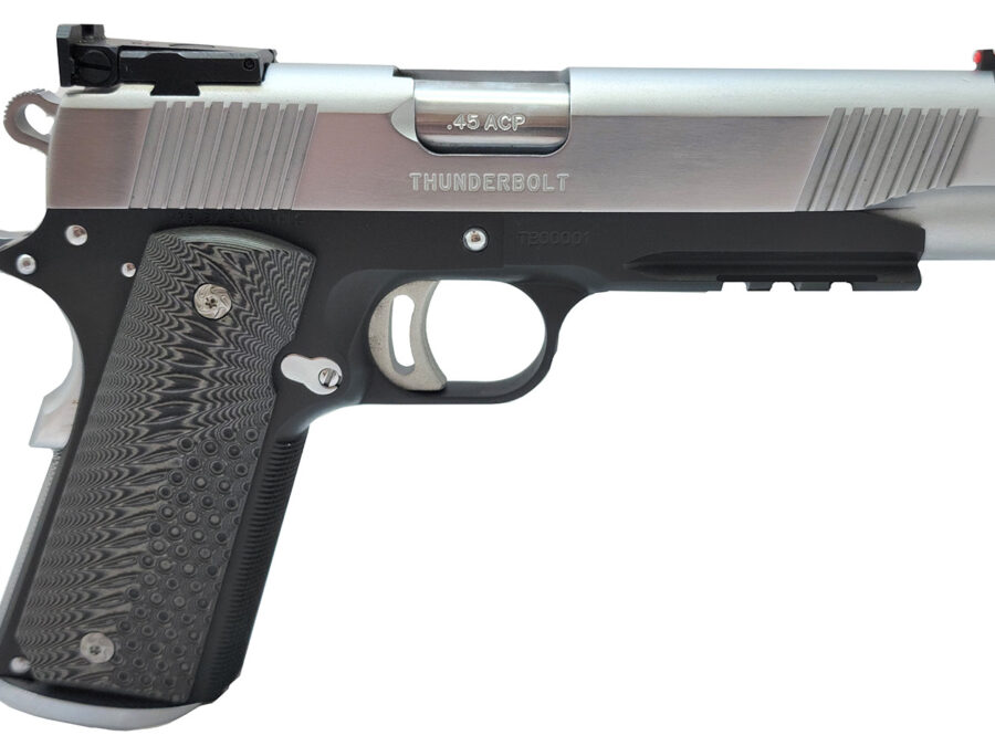 Global Defense GDTBTT455G10 Thunderbolt  45 ACP 8+1 5" Barrel, Matte Black Steel Frame, Matte Chrome Steel Slide w/Front Serrations, Checkered Gray G10 Grip, Manual Safety