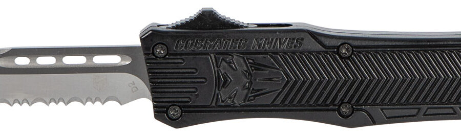CobraTec Knives SBCTK1SDS CTK-1  Small 2.75" OTF Drop Point Part Serrated D2 Steel Blade/ Black Aluminum Handle Features Glass Breaker Includes Pocket Clip