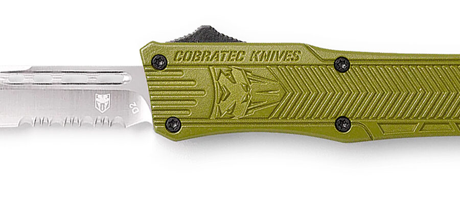 CobraTec Knives SODCTK1SDS CTK-1 Small 2.75" OTF Drop Point Part Serrated D2 Steel Blade/OD Green Aluminum Handle Features Glass Breaker Includes Pocket Clip