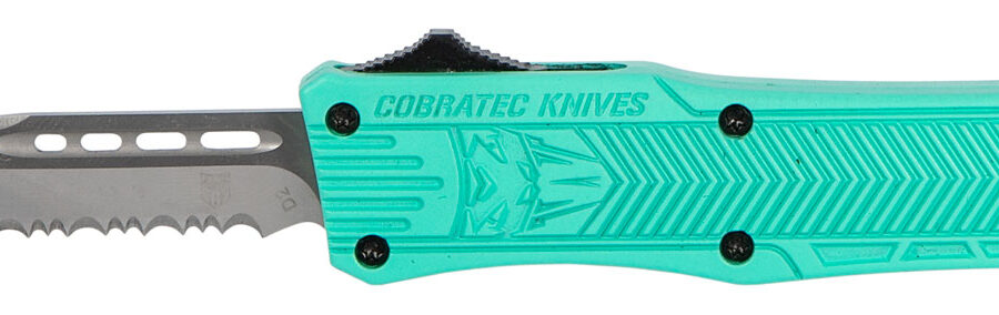 CobraTec Knives STFCTK1SDS CTK-1  Small 2.75" OTF Drop Point Part Serrated D2 Steel Blade/ Tiffany Blue Aluminum Handle Features Glass Breaker Includes Pocket Clip