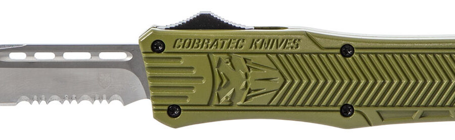 CobraTec Knives MODCTK1MDS CTK-1  Medium 3" OTF Drop Point Part Serrated D2 Steel Blade/OD Green Aluminum Handle Features Glass Breaker Includes Pocket Clip