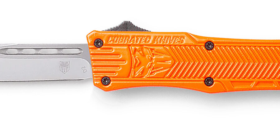 CobraTec Knives SORCTK1SDNS CTK-1  Small 2.75" OTF Drop Point Plain D2 Steel Blade/Orange Aluminum Handle Features Glass Breaker Includes Pocket Clip