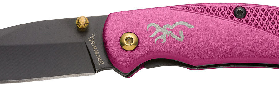 Browning 3220343 Prism 3  EDC Folding 2.38" Plain Black Oxide 7Cr17MoV SS Blade, Plum w/Brass Accents & Logo Anodized Aluminum Handle, Includes Pocket Clip