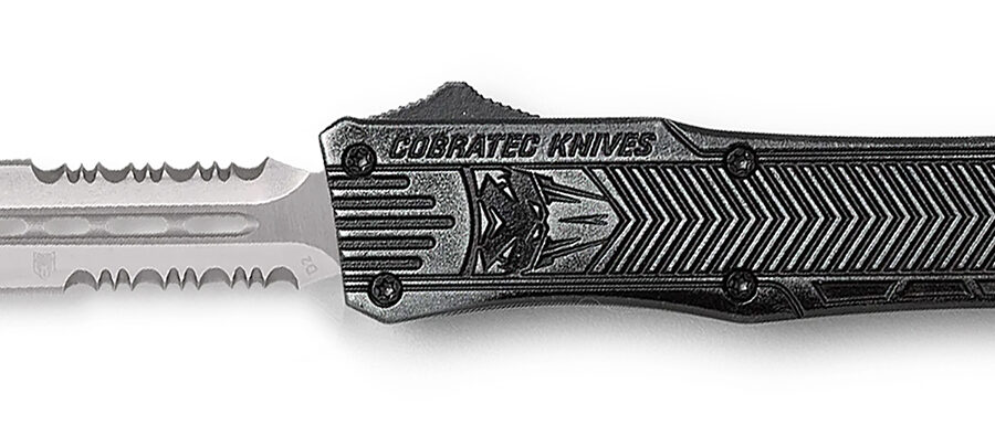 CobraTec Knives SSWCTK1SDAG2SS CTK-1  2.75" OTF Part Serrated D2 Steel Blade/Stonewashed Aluminum Handle Features Glass Breaker Includes Pocket Clip