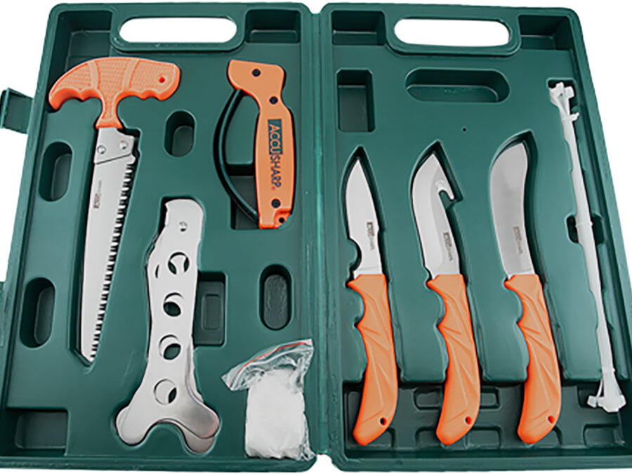 AccuSharp 728C Game Processing Kit Butcher/Caper/Gut-Hook/Bone Saw/Ribcage Spreader Gut Hook/Saw/Plain Stainless Steel Blade Orange FRN Handle