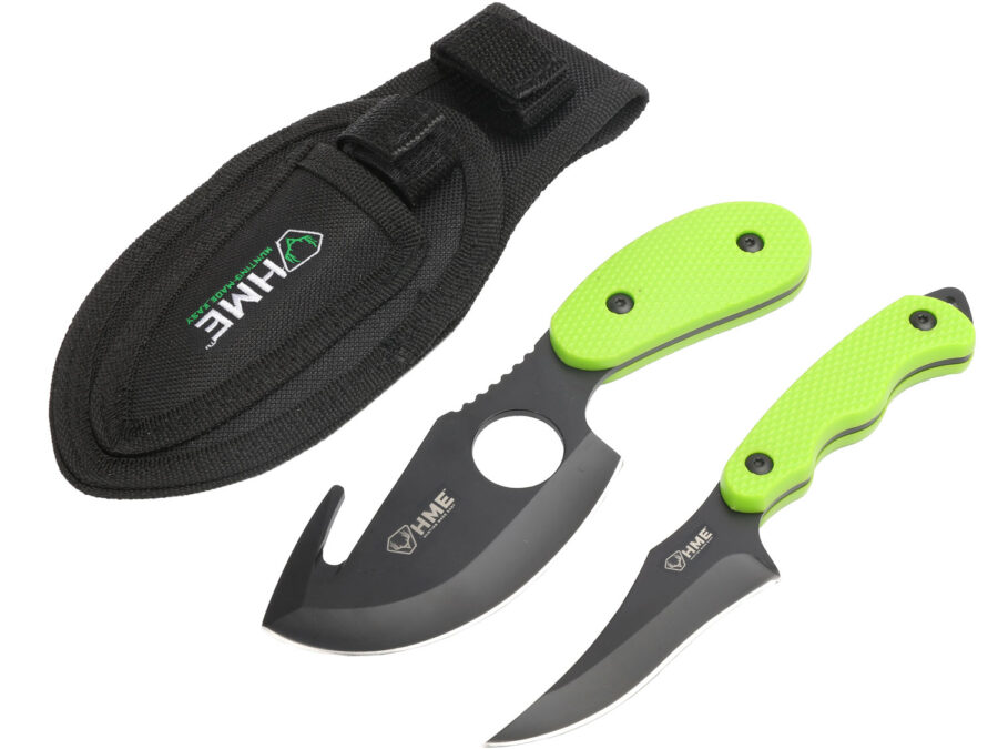 HME HMEKN2PSGC Skinning Kit  3.50" Fixed Skinner w/Gut Hook/Caping Plain/Gut Hook Black Oxide 420HC Blade, TPR Green Handle