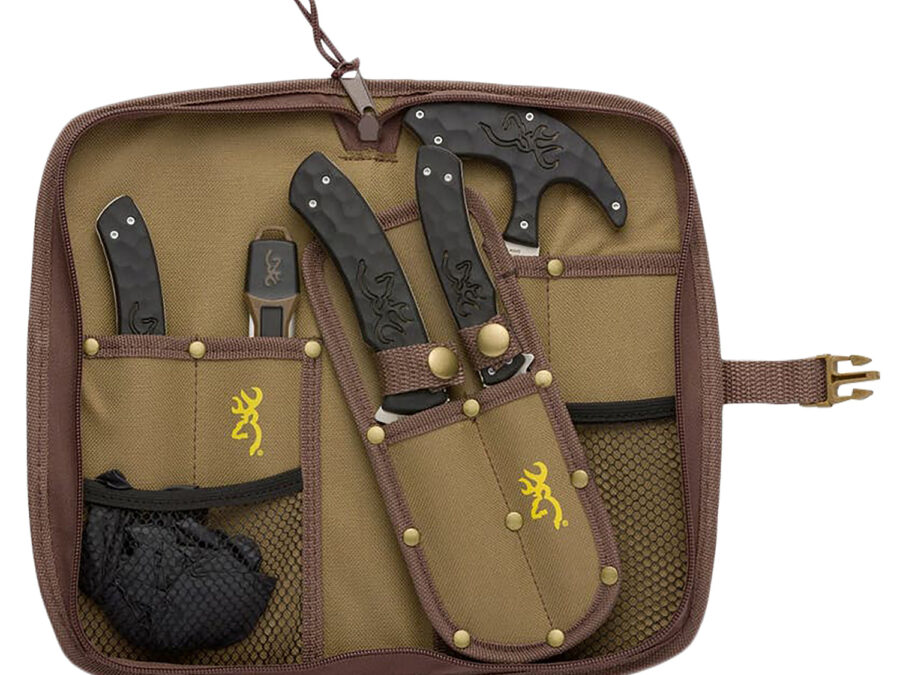Browning 3220422B Primal Combo  Fixed Bone Saw/Caper/Gut Tool/Sharpening Tool/Skinner 8Cr13MoV SS Blade, Black Polymer w/Rubber Overmold Handle, 6 Piece Set, Includes Case/Gloves