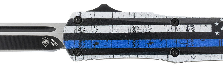 Templar Knife SBTB231 Gen II Back The Blue Small 2.69" OTF Tanto Plain Black Oxide Stonewashed 440C SS Blade, 4.31" Black & White w/Blue Line Aluminum Handle, Glass Breaker