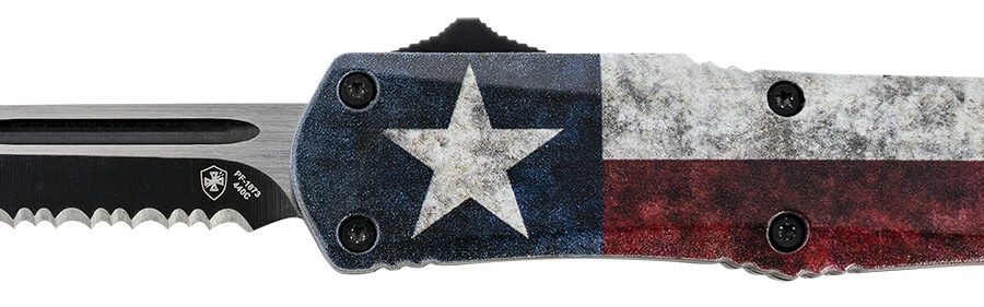 Templar Knife SCAP631 Gen II Captain Small 2.69" OTF Drop Point Part Serrated Black Oxide Stonewashed 440C SS Blade, 4.31" Red/White/Blue w/Star Aluminum Handle Glass Breaker