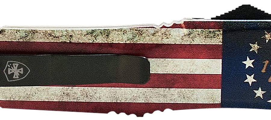 Templar Knife MBRF331 Gen II Betsy Ross Flag Slim 3.43" OTF Drop Point Plain Black Oxide Stonewashed Black 440C SS Blade, 5.05" Betsy Ross Flag Aluminum Handle Glass Breaker
