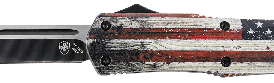 Templar Knife LWUS231 Gen II Wood US Flag Large 3.50" OTF Tanto Plain Black Oxide Stonewashed 440C SS Blade, 5.25" Painted Wood Grain US Flag Aluminum Handle, Glass Breaker