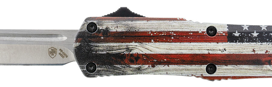 Templar Knife SWUS232 Gen II Wood US Flag Small 2.69" OTF Tanto Plain Powder Coated 440C SS Blade, 4.31" Painted Wood Grain US Flag Aluminum Handle, Glass Breaker