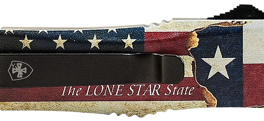 Templar Knife LTX631 Gen II Texan Large 3.50" OTF Drop Point Part Serrated Black Oxide Stonewashed 440C SS Blade, 5.25" Texas Flag Aluminum Handle, Glass Breaker