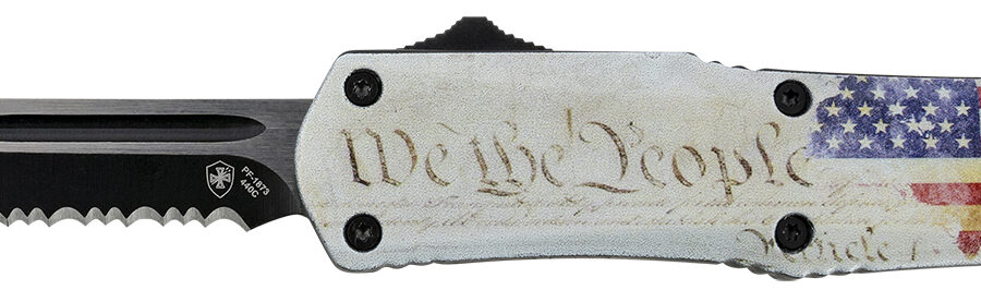 Templar Knife SWTP531 Gen II We The People Small 2.25" OTF Tanto Part Serrated Black Oxide Stonewashed 440C SS Blade, 4.31" White w/Flag & "We The People" Aluminum Handle, Glass Breaker
