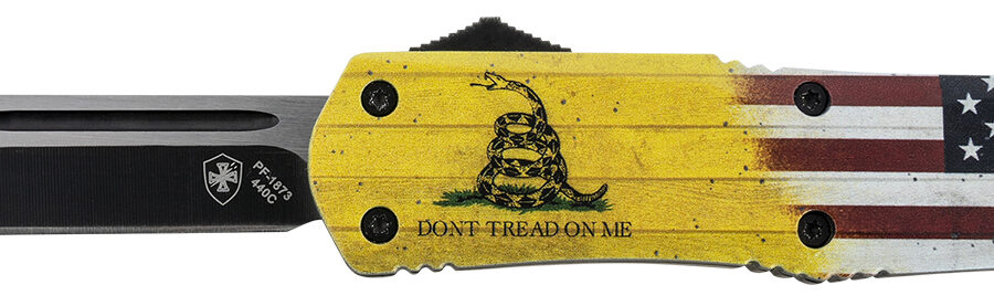 Templar Knife LDTOM231 Gen II Don't Tread On Me Large 3.50" OTF Tanto Plain Black Oxide Stonewashed 440C SS Blade, 5.25" Yellow w/Flag & "Don't Tread On Me" Aluminum Handle, Glass Breaker