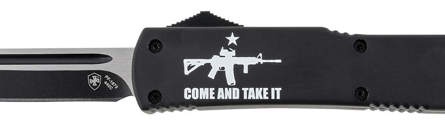 Templar Knife MAR15231 Gen II Come And Take It Slim 3.43" OTF Tanto Plain Black Oxide Stonewashed 440C SS Blade, 5.05" Black w/ "Come And Take It" AR-15 Gun Aluminum Handle, Glass Breaker