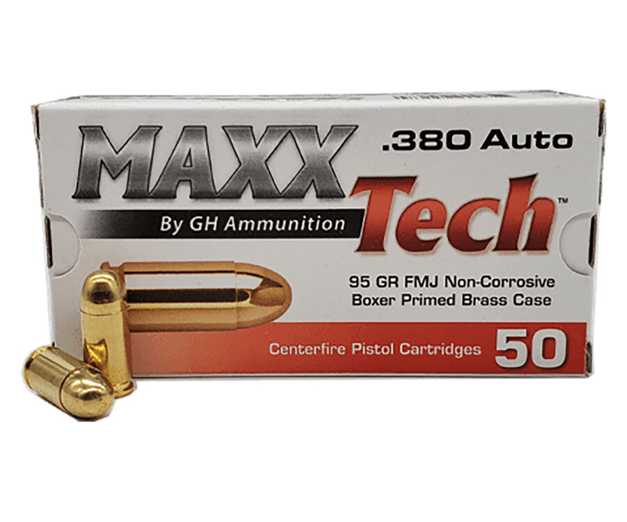 MaxxTech PTGB380B Brass Pistol  380ACP 95gr Full Metal Jacket 50 Per Box/20 Case