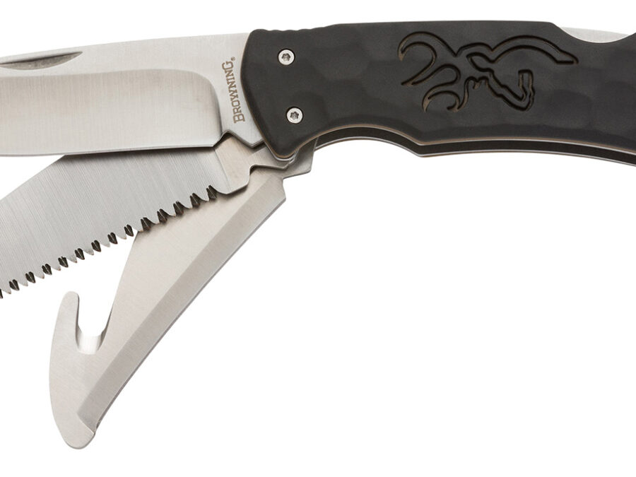 Browning 3220430 Primal Kodiak Slim 3.75" Folding Drop Point/Gut Hook/Saw 8Cr13MoV SS Blade Black Polymer w/Rubber Overmold Handle Includes Nylon Belt Pouch