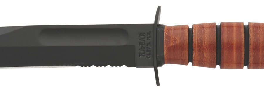 Ka-Bar 1252 USMC  5.25" Fixed Clip Point Part Serrated Black 1095 Cro-Van Blade, Brown Leather Handle, Includes Sheath