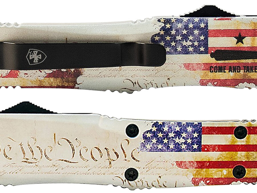 Templar Knife SWTP131 Gen II We The People Small 2.69" OTF Dagger Plain Black Oxide Stonewashed 440C SS Blade, 4.31" White w/Flag & "We The People" Aluminum Handle, Glass Breaker