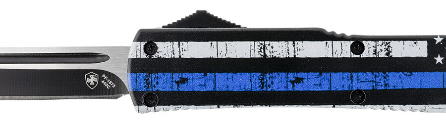 Templar Knife MBTB231 Gen II Back The Blue Slim 3.43" OTF Tanto Plain Black Oxide Stonewashed 440C SS Blade, 5.05" 4.31" Black & White w/Blue Line Aluminum Handle, Glass Breaker