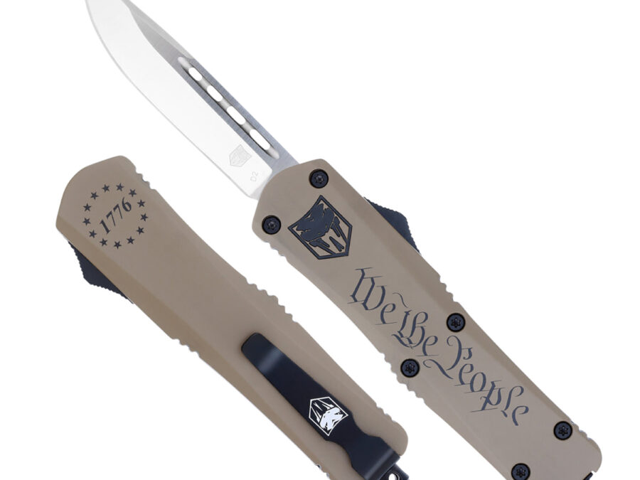 CobraTec Knives MWTPFS3DNS FS-3 We The People Medium 3" OTF Drop Point Plain D2 Steel Blade Tan w/"We The People" Aluminum Cerakoted Handle Features Glass Breaker Includes Pocket Clip
