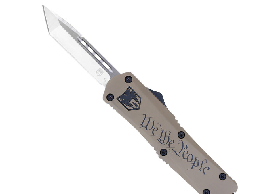 CobraTec Knives MWTPFS3TNS FS-3 We The People Medium 3" OTF Tanto Plain D2 Steel Blade Tan w/"We The People" Aluminum Cerakoted Handle Features Glass Breaker Includes Pocket Clip