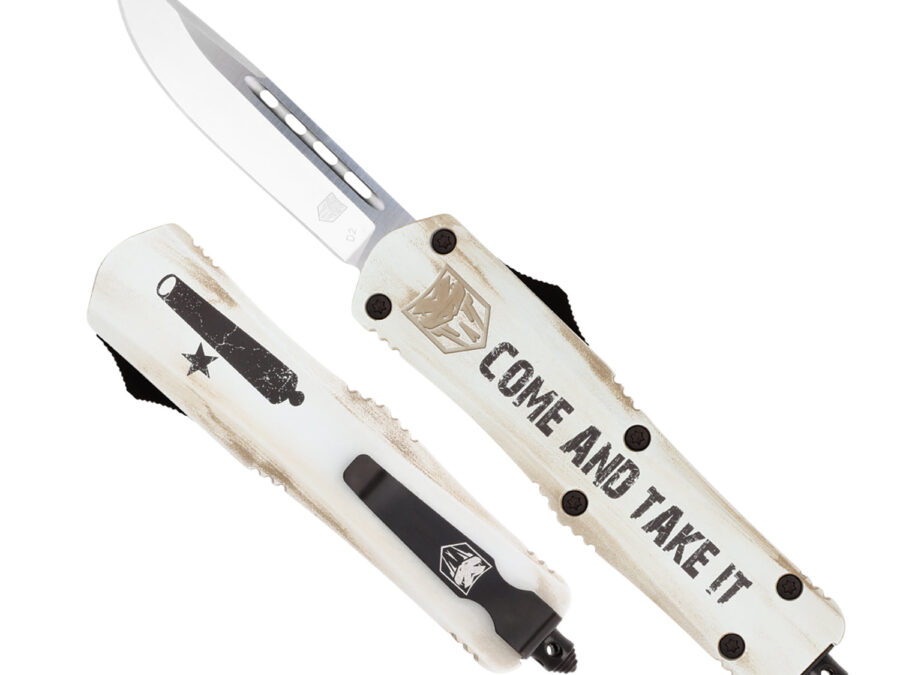 CobraTec Knives MCATIFS3DNS FS-3 Come And Take It 3" OTF Drop Point Plain 154CM SS Blade White w/"Come And Take It" Aluminum Cerakoted Handle Features Glass Breaker Includes Pocket Clip