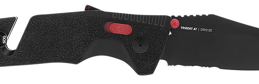S.O.G SOG11120241 Trident AT 3.70" Folding Clip Point Part Serrated Black TiNi Cryo D2 Steel Blade/Black w/Red Accents GRN Handle Features Line Cutter/Glass Breaker