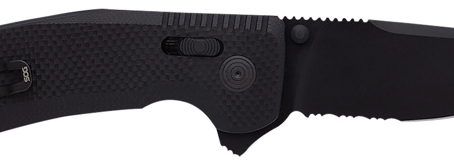 S.O.G SOG12380341 SOG-TAC XR 3.39" Folding Clip Point Part Serrated Black TiNi Cryo D2 Steel Blade Blackout G10 Handle Includes Pocket Clip