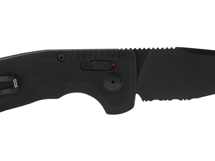 S.O.G SOG-15-38-08 SOG-TAC Auto Compact 2.94" Folding Straight Back Part Serrated Black TiNi Cryo D2 Steel Blade Black Micro-Textured Anodized Aluminum Handle Includes Pocket Clip