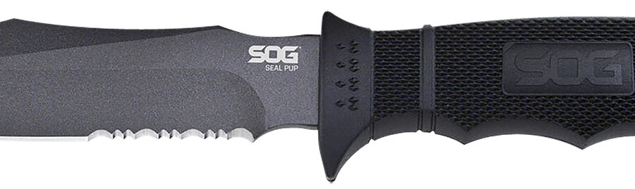 S.O.G SOGM37K Seal Pup  4.75" Fixed Clip Point Part Serrated Powder Coated AUS-8A SS Blade Black w/Raised Diamond Pattern GRN Handle Includes Sheath