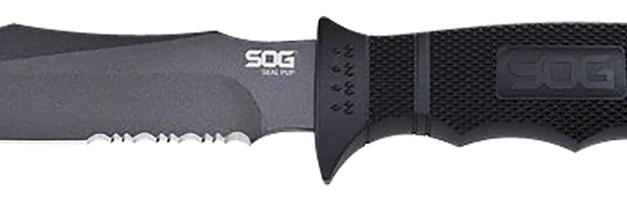 S.O.G SOGM37NCP Seal Pup  4.75" Fixed Clip Point Part Serrated Powder Coated AUS-8A SS Blade Black w/Raised Diamond Pattern GRN Handle Includes Lanyard/Sheath