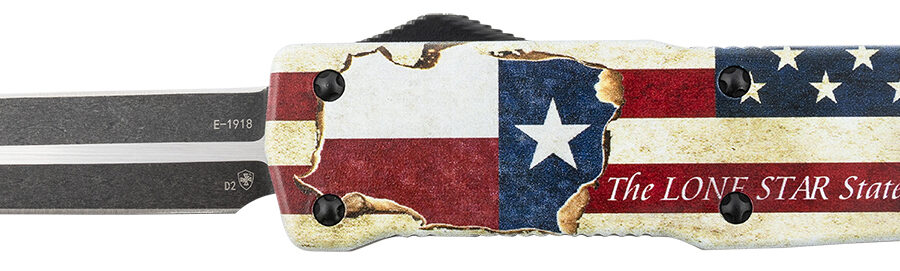 Templar Knife LZTX121 Premium Weighted Texan Large 3.55" OTF Dagger Plain Black Oxide Stonewashed D2 Steel Blade, 5.25" Red/White/Blue w/"The LONE STAR State" Aluminum Zinc Alloy Handle