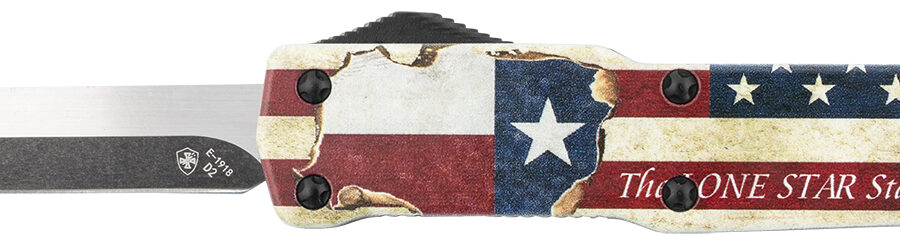 Templar Knife MZTX321 Premium Weighted Texan Slim 3.16" OTF Drop Point Plain Black Oxide Stonewashed D2 Steel Blade, 4.93" Red/White/Blue w/"The LONE STAR State" Aluminum Zinc Alloy Handle