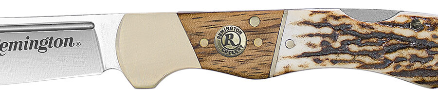 Remington Accessories 15654 Guide Lock Back 4.00" Folding V-Flat Stainless Steel Blade, Stag Bone Handle w/Remington Shield, Nickle Silver Bolsters, Includes Leather Lanyard