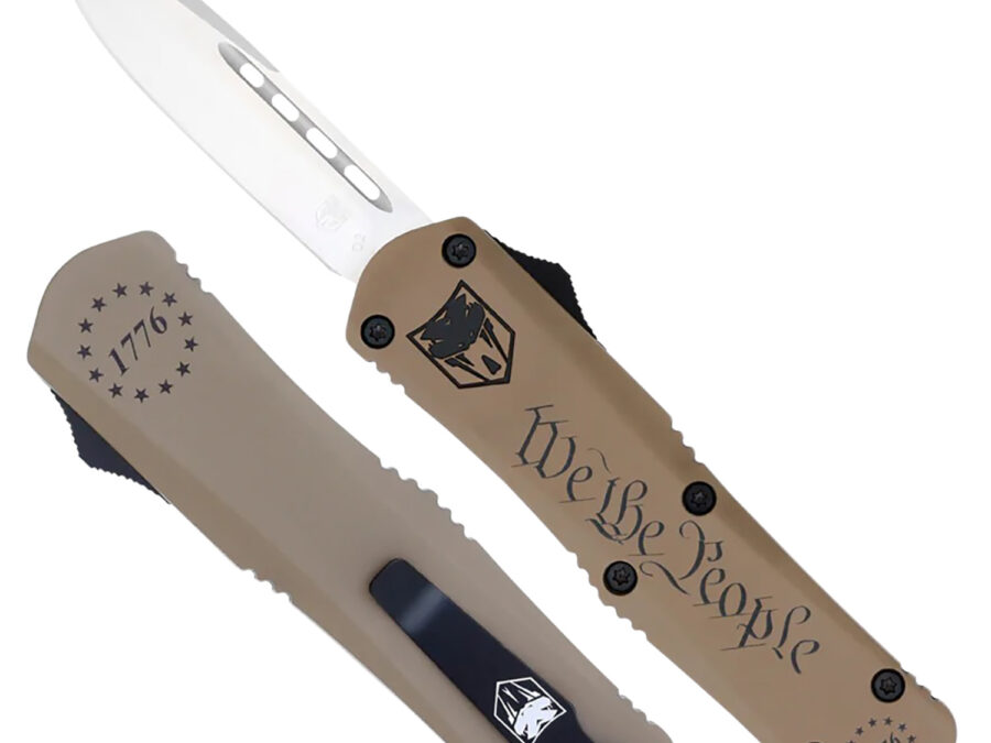 CobraTec Knives SWTPFS3DNS FS-3 We The People Small 2.75" OTF Drop Point Plain Aluminum Cerakoted D2 Steel Blade, Tan "We The People" Aluminum Handle