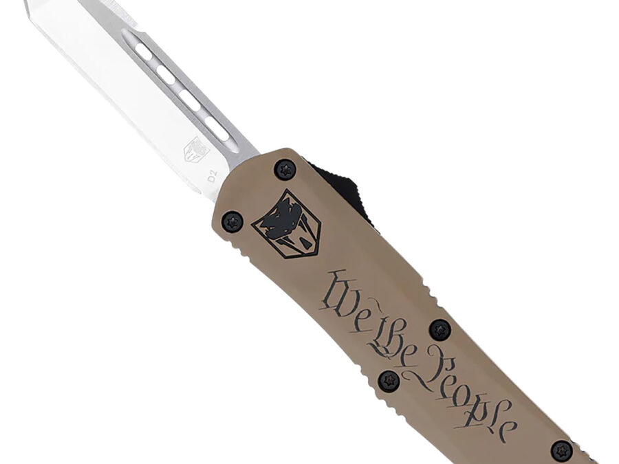 CobraTec Knives SWTPFS3TNS FS-3 We The People Small 2.75" OTF Tanto Plain Aluminum Cerakoted D2 Steel Blade, Tan "We The People" Aluminum Handle