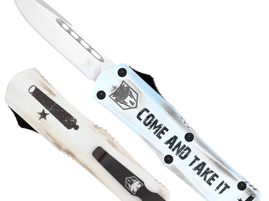 CobraTec Knives SCATIFS3DNS FS-3 Come And Take It Small 3" OTF Drop Point Plain D2 Steel Blade 4.50" White "Come And Take It" Aluminum Cerakoted Handle Includes Glass Breaker/Pocket Clip