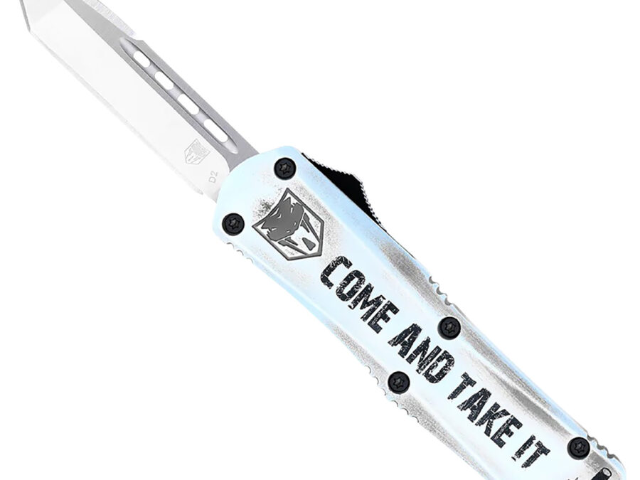 CobraTec Knives SCATIFS3TNS FS-3 Come And Take It Small 3" OTF Tanto Plain Satin D2 Steel Blade, 4.50" White "Come And Take It" Aluminum Cerakoted Handle