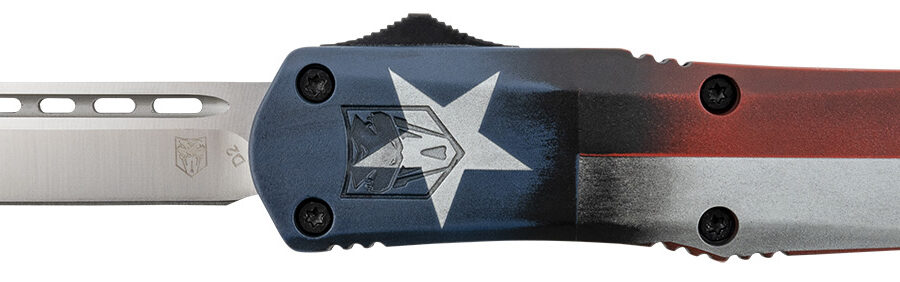 CobraTec Knives MCTXFS3TNS FS-3 Texas Flag Medium 3" OTF Tanto Plain Satin D2 Steel Blade, 5" Texas Flag Aluminum Cerakoted Handle