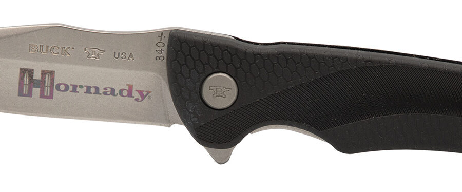 Hornady 99143   Folding Plain Satin w Laser Engraved Logo 420HC SS Blade Black GFN Handle Includes Pocket Clip