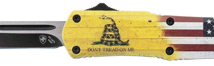 Templar Knife S-DTOM-23-1 Gen II Don't Tread On Me Small 2.69" OTF Plain Black Oxide 440C SS Blade, 4.25" Yellow w/Flag & "Don't Tread On Me" Aluminum Handle, Glass Breaker
