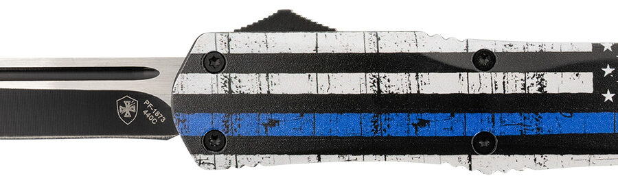 Templar Knife LBTB331 Gen II Back The Blue Large 3.50" OTF Drop Point Plain Black Oxide Stonewashed 440C SS Blade, 5.25" Black & White w/Blue Line Aluminum Handle, Glass Breaker