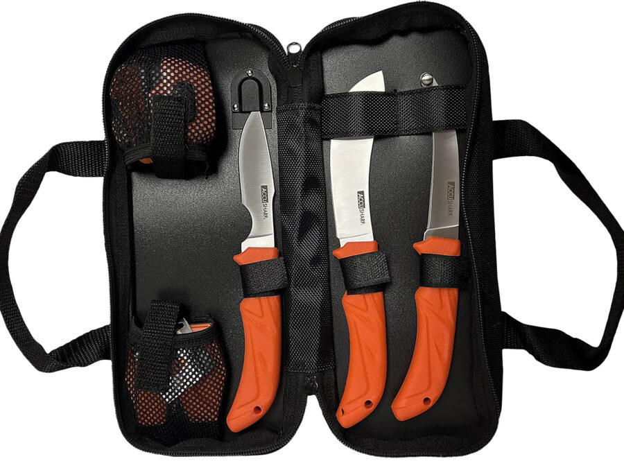 AccuSharp 738C Processing Kit  Fixed Butcher/Caping/Gutting Plain Stainless Steel Blades/Blaze Orange Non-Slip Grip 6 Piece Includes Nylon Case