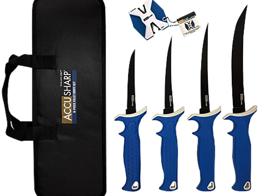 AccuSharp 737C Knife Kit  4.75/5.50/6.50/8" Fixed Fillet Plain Satin Stainless Steel Blade/ Blue Non-Slip Grip TPR Handle Includes 2-Step Sharpener