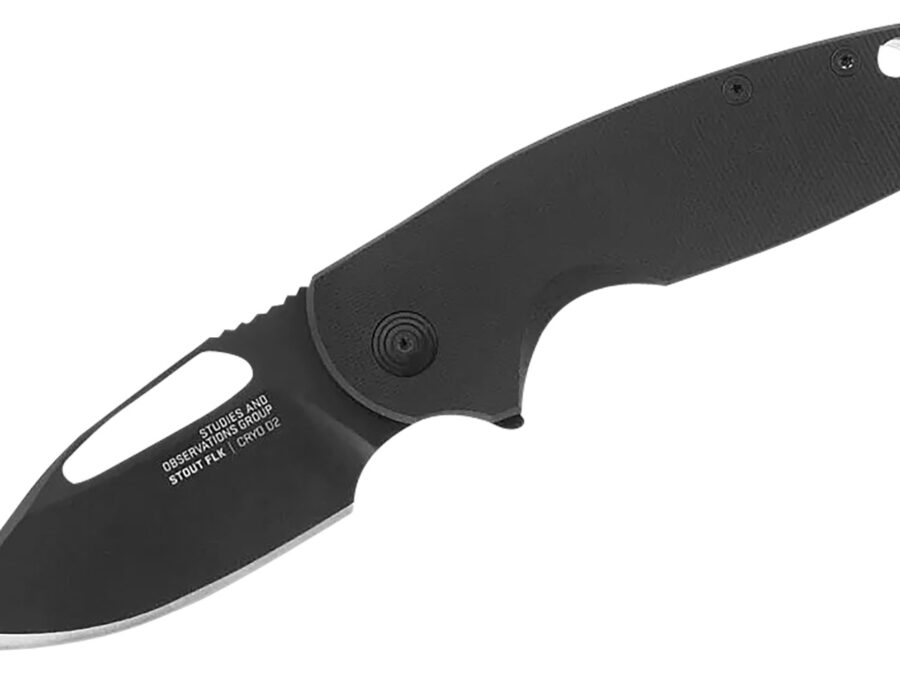 S.O.G SOG14030257 Stout FLK 2.62" Folding Clip Point Plain Black TiNi Cryo D2 Blade, Black Textured G10 Handle