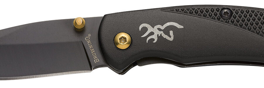 Browning 3220340 Prism 3  EDC Folding 2.38" Plain Black Oxide 7Cr17MoV SS Blade, Black w/Brass Accents & Logo Anodized Aluminum Handle, Includes Pocket Clip