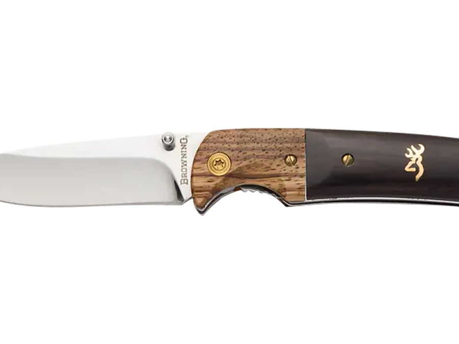 Browning 3220231 Buckmark Hunter EDC 3" Folding Drop Point, Plain Mirror Polished 8Cr14MoV SS Blade, Black/Natural Finger Grooved w/Brass Accents Hardwood Handle, Includes Pocket Clip
